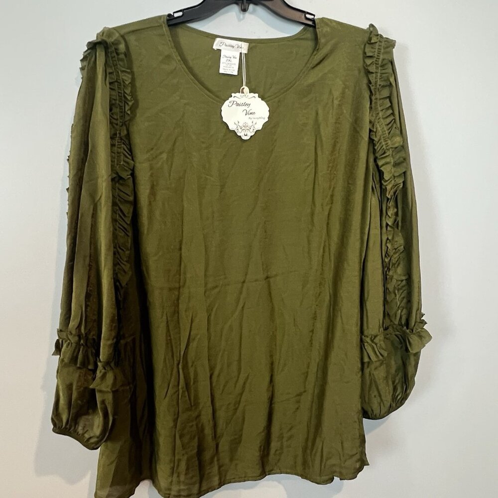 Paisley Vine Long Sleeve Blouse Size 2XL Fairycore Olive Green NWT